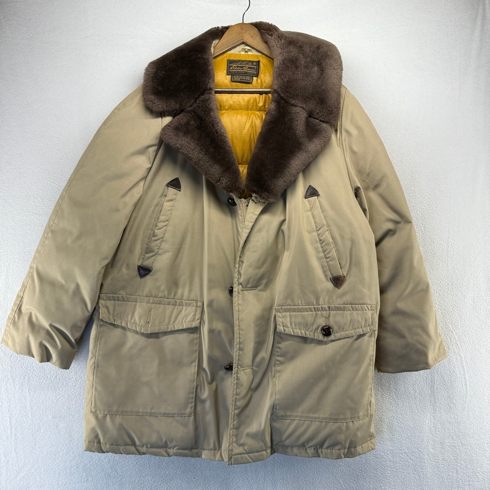 Vintage Eddie Bauer Parka Mens XL Tan Down Faux Fur Trim Heavy Coat Hoodie 80s